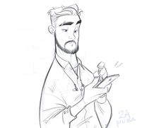 a drawing of a man holding a tablet