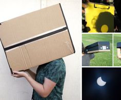 a collage of photos with the same person holding a box on their head and an eclipse in the sky