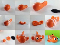 many different pictures of orange and white toy fish