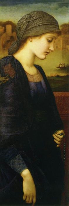 a painting of a woman with a scarf on her head and hands in her other hand