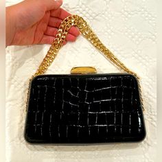 Brand New, Comes With A Long Gold Shoulder Chain Gold Vintage Clutch With Chain Strap, Black Purse Gold Chain, Black Clutch With Gold Chain, Black Evening Bag With Gold-tone Hardware, Evening Shoulder Bag With Chain Link And Gold-tone Hardware, Gold Clutch, Shoulder Chain, Wristlets, Black And Gold