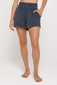 Rise and shine. A relaxed fit, mid-rise short with encased elastic waistband. Made in our Vintage Jersey fabrication and specialty 100% Cotton Acid Mineral Wash. Chic Lounging Bottoms With Elastic Waistband, Relaxed High-waisted Pajama Shorts With Elastic Waistband, Lounging Bottoms With Built-in Shorts, Chic Bottoms With Built-in Shorts And Relaxed Fit, Relaxed Fit Solid Color Pajama Shorts, Relaxed Fit Pajama Shorts, Relaxed Short Length Pajama Shorts For Lounging, Versatile Stretch Shorts For Loungewear, Relaxed Fit Pajama Shorts With Elastic Waistband