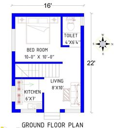 a blueprinted floor plan for a small house with an attached bathroom and living room