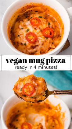 two pictures showing different types of food in white bowls, one with cheese and the other with tomatoes