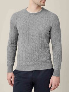 Meticulously knitted in Bergamo, Northern Italy, from luxurious cashmere, this cable-knit jumper elevates the essence of refined elegance from our classic crew neck. The distinguished cable pattern adds rich texture for timeless sophistication. Its slightly tailored design offers comfort and freedom of movement while maintaining a neat, modern fit. With a weight of approximately 300 grams, it’s perfect for effortless wear from autumn to spring.    We are proud to source only the finest A-grade f Chaps Fashion, Italy Luca, Luca Faloni, Cable Knit Sweater Outfit, Men Knitting, Knit Sweater Outfit, Grey Cable Knit Sweater, Cashmere Yarn, Cable Knit Jumper