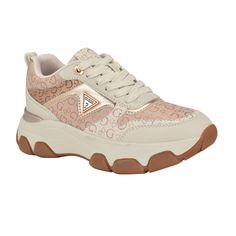 PRICES MAY VARY. A modern chunky sneaker that can do it all. The Guess Womens Aydens chunky sneaker features a lace-up design with an all over logo print. Added Guess triangle logo accent. This sneaker will never go out of style. Round Toe ; Lace-Up Closure Man Made/Textile Upper 1.5" platform Triangle Logo, Chunky Sneakers, Out Of Style, Go Out, Logo Print, Special Features, Light Pink, Do It, Going Out