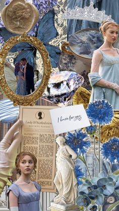 a collage of images with blue flowers and other things in the background, including an image of a woman wearing a tiara