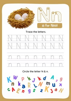 the letter n is for nest worksheet with an image of two eggs in a nest