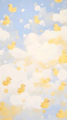 a painting of yellow rubber ducks floating in the air with clouds and blue sky behind them