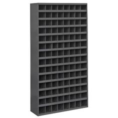 a large gray shelf with many compartments on the front and sides, all in different sizes