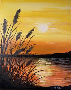 a painting of the sun setting over water