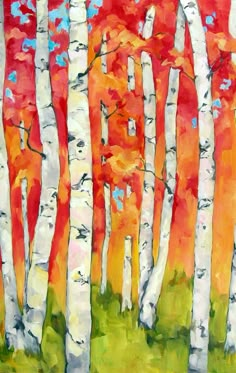 an abstract painting of white birch trees with red leaves