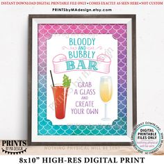 "Printable mermaid-themed \"Bloody & Bubbly Bar\" watercolor style sign.  Perfect for any mermaid-themed party, shower, event, etc!  DIGITAL PRINTABLE FILE ONLY! No physical prints will be sent  * INSTANT DOWNLOAD! Simply order, download, print & enjoy!  The print comes as seen in the previews - no changes can be made. * 8x10\" digital printable files (JPG and PDF) * Scroll down for links to many more options! ----- HOW TO ORDER AN INSTANT DOWNLOAD ----- 1. Add this item to your cart and complet Bubbly Bar Sign, Menu Printable, Brunch Drinks, Mermaid Theme Party, Cocktail Art, Chalkboard Style, Cadeau Photo, Bar Sign