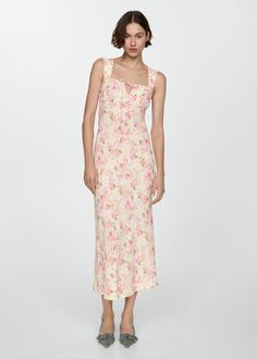 Floral dress with bow neckline - Woman | MANGO USA H&m Floral Dress 2021, Mango Dresses, Mango Dress, Decorative Bows, Ralph Lauren Jeans, Party Prints, Lace Edging, Design Floral, Wide Straps