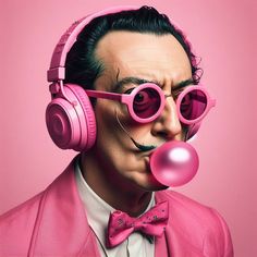 a man wearing headphones and pink suit