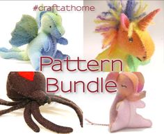 the pattern bundle includes three different stuffed animals and one small toy octopus, with text overlay