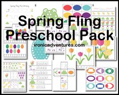 the spring fling preschool pack is shown with images of flowers, plants and letters on it