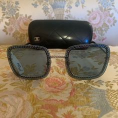 Authentic Chanel Sunglasses, Metal Frame, Blue Lenses, New With Tags, Chanel 4244, C. 124/80, Size 57/18, 140 2 N, Chain Is Not Included, Comes With Sunglass Case, Designer Sunglasses With Mirrored Lenses For Parties, Designer Party Sunglasses With Mirrored Lenses, Luxury Formal Sunglasses For Summer, Elegant Blue Sunglasses For Party, Elegant Blue Party Sunglasses, Chic Silver Polarized Sunglasses, Chic Silver Sunglasses With Gradient Lenses, Designer Sunglasses For Formal Summer Occasions, Designer Sunglasses For Formal Summer Events