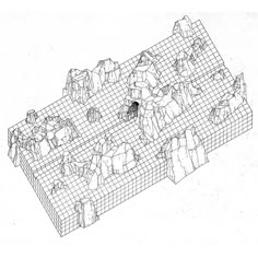 a black and white drawing of people standing in front of a wire fenced area