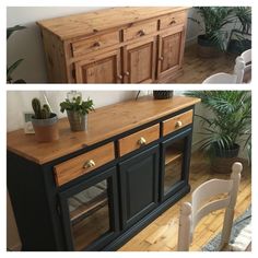 the sideboard is made out of wood and has two doors on each side, one with