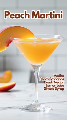 If you are looking for a refreshing and fruity cocktail, The Peach Martini delivers a perfect balance of sweetness and tartness. The blend of vodka, peach schnapps, and peach nectar is both refreshing and smooth. The touch of fresh lemon juice adds a delicious twist, making it a favorite.  #peachmartini via @mybartender Peach Bellini Martini Recipe, Peach Martini Recipe, Martini Variations, Peach Martini, Simple Drinks, Cocktail Cards, Martini Recipes Vodka, Boozy Treats, Simple Syrup Cocktails