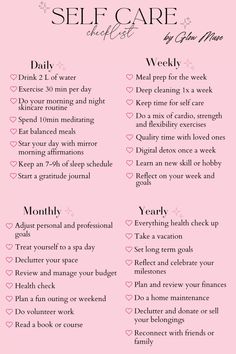 Ready to transform your life with consistent self-care routines? This Ultimate Self-Care Checklist is your go-to guide for daily, weekly, monthly, and yearly self-care activities. Prioritize your well-being and embrace a balanced, fulfilling lifestyle. Save this pin now to start your journey towards a healthier, happier you today! #selfcare #wellness #dailyhabits #healthylifestyle #mindfulness #selfimprovement #wellbeing #selfcareroutine #selflove #selfgrowth #healthyliving #dailyroutine #selfcarechecklist #personaldevelopment #mentalhealth Daily Weekly Monthly Self Care Routine, Weekly Self Care Checklist Ideas, Selfcare Weekly Routine, Beginner Self Care Routine, Going Out Checklist, Things To Do Daily Weekly Monthly, Self Care Checklist Daily Weekly Monthly, Things I Did This Year Checklist 2024