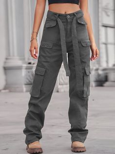 Gender:WomenType:BottomsFeature:Tie, Pocket, CargoMaterial:PolyesterStyle:Casual/FashionColor:Gray, Black, Army_GreenSize:S, M, L, XLPlease Note:All Dimensions Are Measured Manually With A Deviation Of 1 To 3cm. Casual Gray Cargo Pants For Fall, Gray Utility Cargo Pants For Spring, Spring Gray Utility Cargo Pants, Gray Pants With Pockets For Fall, Gray Fall Pants With Pockets, Gray Pants With Side Pockets, Gray High-waist Utility Pants, Gray Cargo Pants For Fall Workwear, Trendy Gray Cargo Pants For Fall