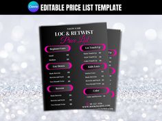 a black and pink price list with glitters in the background for a wedding or event