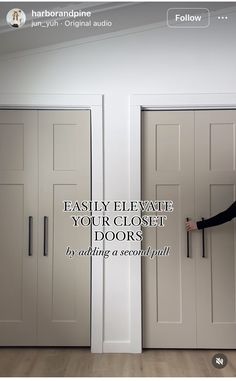 a woman standing in front of two doors with the words easy elevators your closet doors