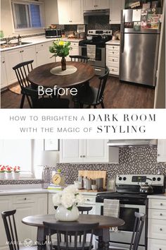 the before and after photos of a kitchen with white cabinets, black chairs, and dark wood table