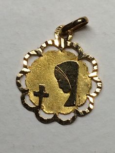 Vintage 14k Italy Gold Pendant or charm of stylized Mary with cross. Delicate gold work-like vermeil. Stamped Gold Work, Gold Pendant, Pendant Necklaces, Jewelry Necklace Pendant, Cufflinks, Mothers Day, Jewelry Necklaces, Stamp, Necklaces