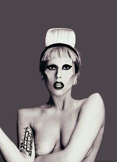 a naked woman with makeup on her face and arms, wearing a chef's hat