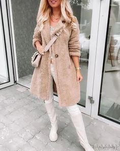 Lasaky - Long sleeve teddy coat with pocket Cozy Beige Solid Color Outerwear, Trendy Fur Coat With Pockets For Cold Weather, Casual Long Faux Fur Coat, Cozy Fluffy Long Sleeve Outerwear, Casual Beige Faux Fur Outerwear, Casual Fluffy Fur Coat For Fall, Beige Fur Coat With Pockets For Fall, Casual Long Fur Coat For Fall, Casual Long Fur Coat With Faux Fur Lining