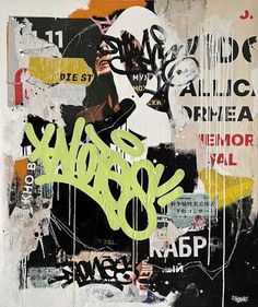 an abstract painting with words and graffiti on it