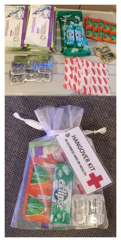 the contents of an emergency kit are shown in two separate pictures, one is wrapped in plastic