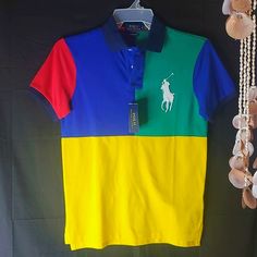 Brand New Polo Shirt Block Color Red Blue Yellow And Green With Tag. Have Any Questions Please Ask Summer Color Block Polo Collar Shirt, Fitted Yellow Polo Shirt For Summer, Multicolor Tops With Color Matching For Summer, Collared Cotton Top With Color Matching, Cotton Collared Top With Color Matching, Yellow Polo Collar Shirt For Summer, Fitted Color Block Polo Shirt With Short Sleeves, Fitted Color Block Short Sleeve Polo Shirt, Fitted Blue Color Block Shirt