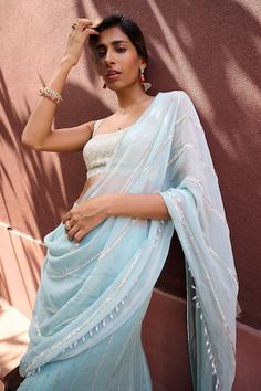 Dusty blue green pre-draped saree with sequin and beads embroidery in linear pattern. Paired with pearl and zardozi embroidered blouse in geometric pattern. - Aza Fashions Elegant Summer Pre-draped Saree With Dupatta, Traditional Drape Saree With Mirror Work For Summer, Elegant Pre-draped Saree With Dupatta For Summer, Cotton Sarees Handloom, Embroidered Beads, Draped Saree, Sanya Malhotra, Beads Embroidery, Drape Saree