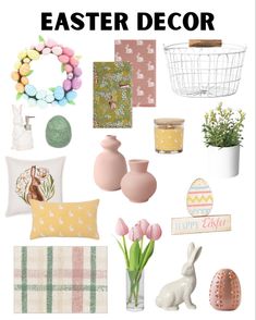 an easter decor collage with eggs, flowers and other items