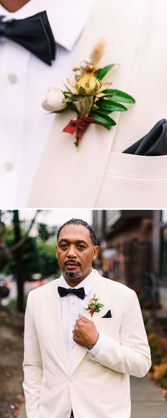 a man in a tuxedo and bow tie with flowers on his lapel