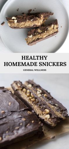 healthy homemade snickkers on a white plate with text overlay that reads, healthy homemade snickkers