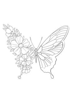 the outline of a butterfly with flowers on it's back legs, and wings spread out