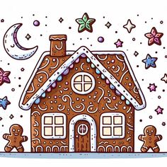 a drawing of a gingerbread house with stars and moon in the sky above it