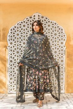 Cotton Grey Floral Print Anarkali Suit Set with Embroidered Dupatta Grey Anarkali, Floral Print Anarkali, Printed Anarkali Suits, Grey Kurta, Red Anarkali, Printed Anarkali, Cotton Anarkali, Embroidery Detailing, Anarkali Kurta