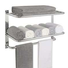 two tiered towel rack in chrome steel with white and gray towels on each shelf