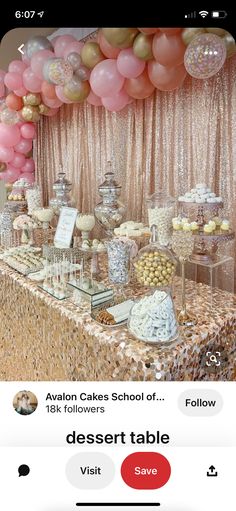 an image of a table with balloons and desserts on it, as well as other items