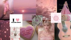 a collage with pink and white images, including a guitar, heart shaped cookies, i love taylor swift