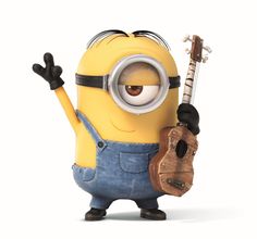 a minion holding a guitar and wearing overalls