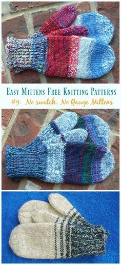 three different knitted mittens sitting next to each other on a blue rug with text overlay that says easy mittens free knitting patterns