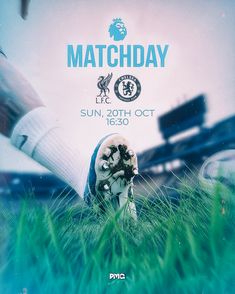 a poster for the match between chelsea and manchester city, with a soccer ball in the grass