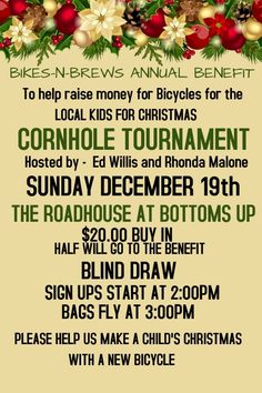 a flyer for the christmas bike ride with santa clause decorations and holly wreaths on it